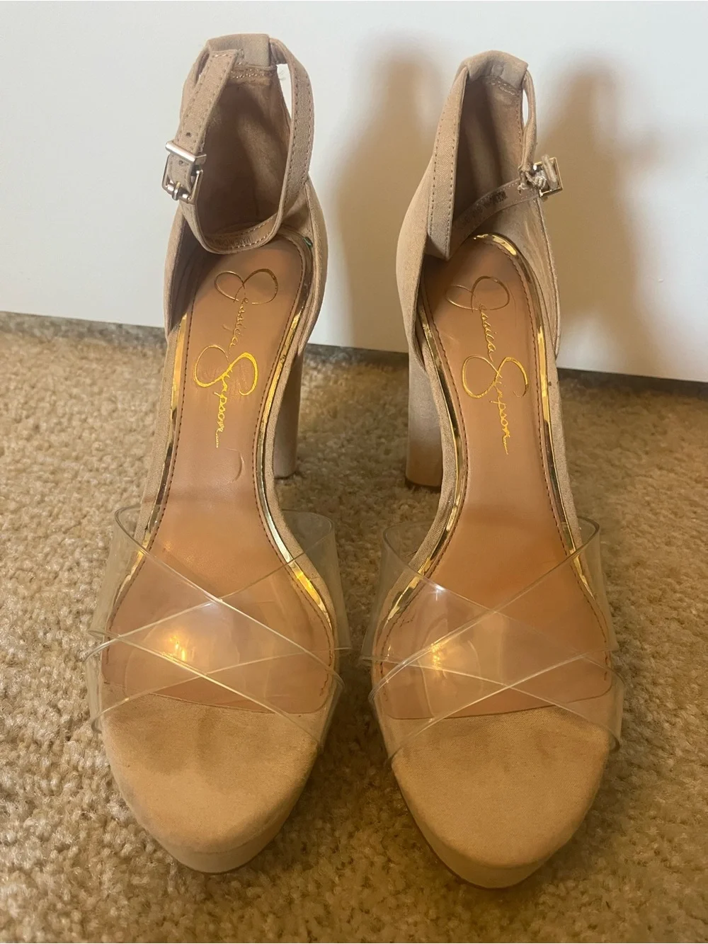 Clear Strap Tan Platform Heels with Ankle Strap Size 8